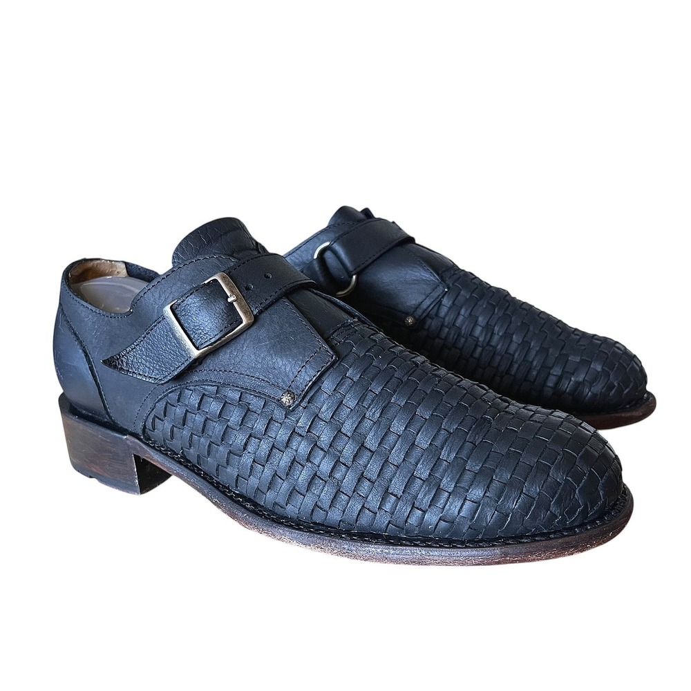 John Fluevog Ayn Black Woven Leather Monk Strap Shoes Low Block Heel Womens 10W